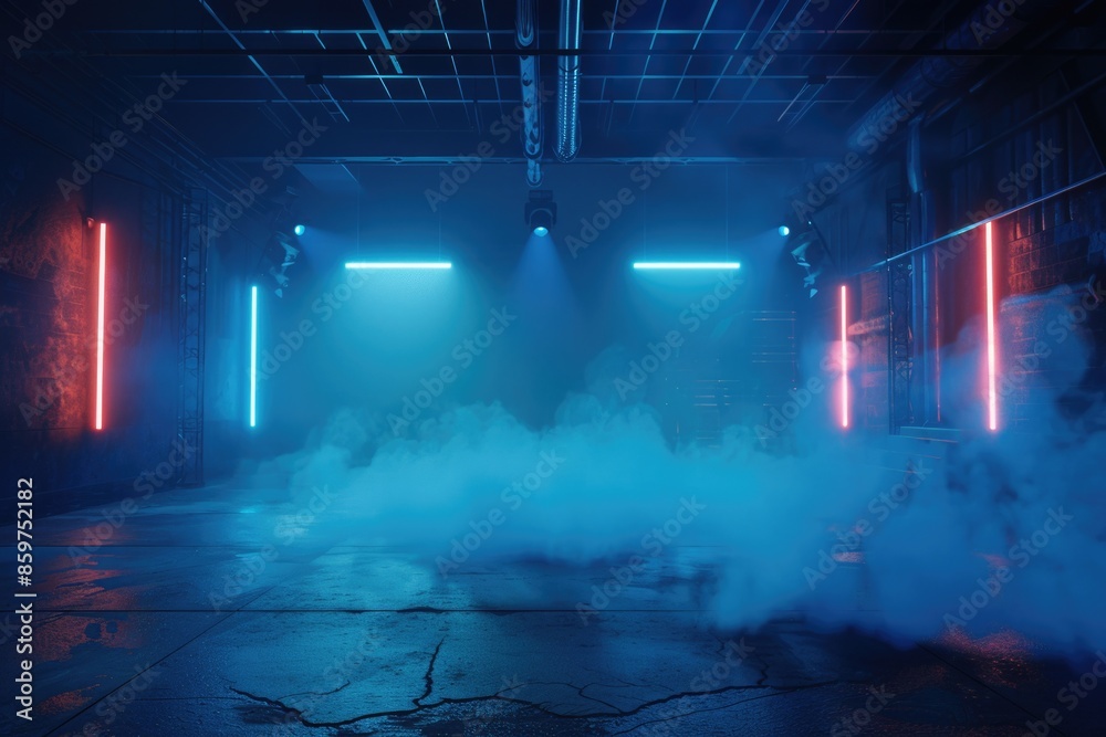 Naklejka premium Dark stage with neon lights smoke and studio room texture.