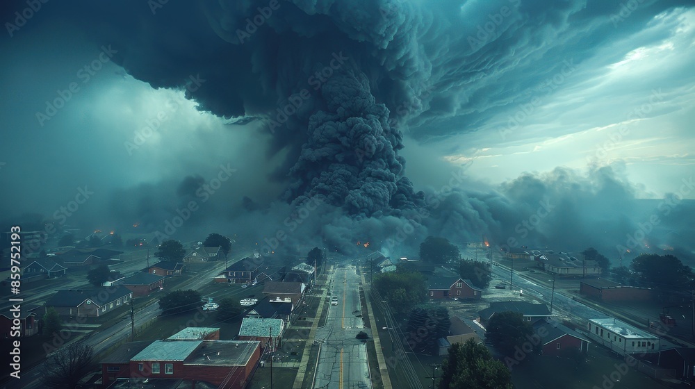 A monumental, dark storm cloud looms over a small town, casting an eerie shadow over the street as it approaches, signaling an impending and powerful storm.