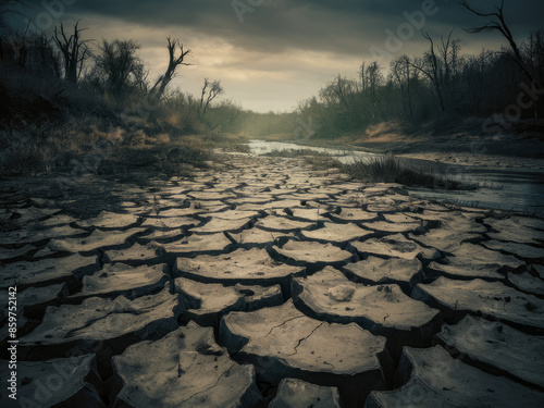 A dramatic and somber scene of a once lush area now dry and cracked, withered trees in the background under a gloomy sky photo