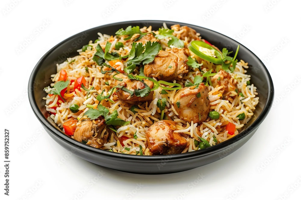 Delicious spicy chicken biryani on black plate. Delicious spicy chicken biryani on black plate.