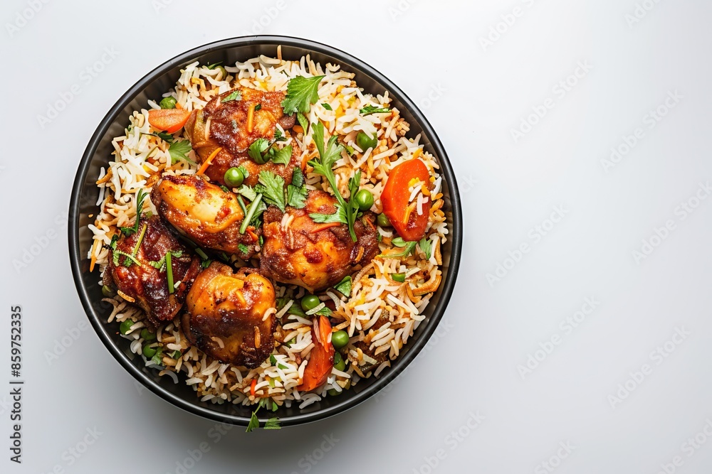 Fototapeta premium Spicy chicken biryani in traditional bowl for festive occasions.