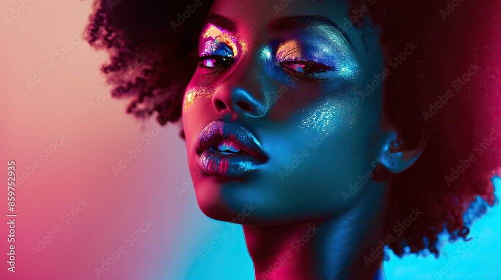 Stylish young African woman with afro and shiny makeup Stylish young African woman with afro and shiny makeup