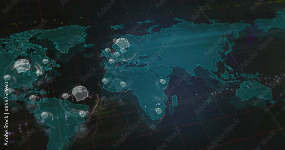 Looped World Map AI head artificial intelligence machine learning symbols over world map ...