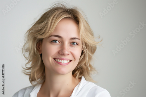 portrait of a blond smiling woman on white background