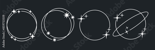 Minimalist Y2k figures. Abstract y2k aesthetic round shapes, circle shapes with stars and sparkles, geometric design frames flat vector illustration set. Trendy modern Y2k frames