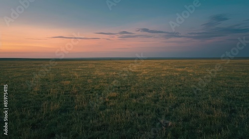 Vast prairie stretching endlessly toward the horizon under an expansive twilight sky.