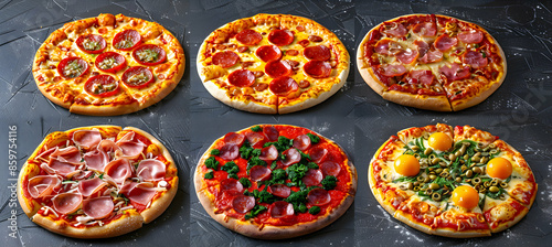 A variety of Sicilian pizzas with different toppings, captured with vibrant colors and detailed textures