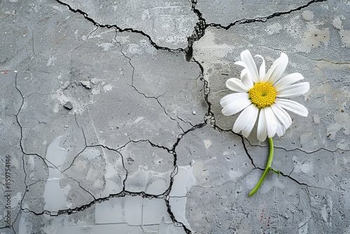 An old stone slab crack with a white daisy flower - rebirth, faith, hope, new life, eternal soul