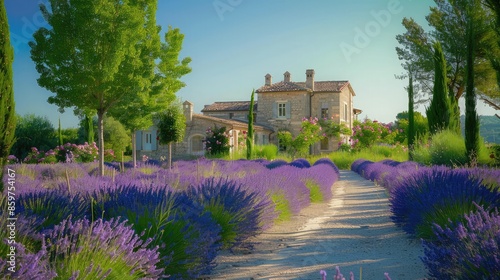 Verdant countryside lane winding through lavender fields to a luxurious stone estate surrounded by rose gardens. photo