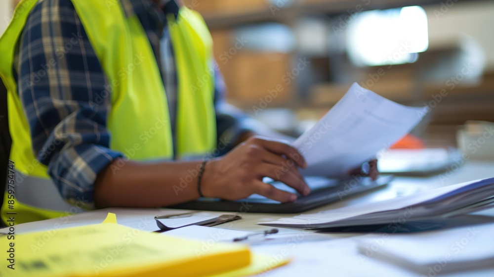 worker wearing vest in site office , sitting in office typing on paper worker wearing vest in site office , sitting in office typing on paper