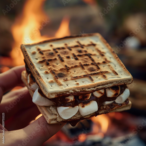 Perfectly toasted s'mores with melted chocolate and gooey marshmallows, Held by a person over a campfire