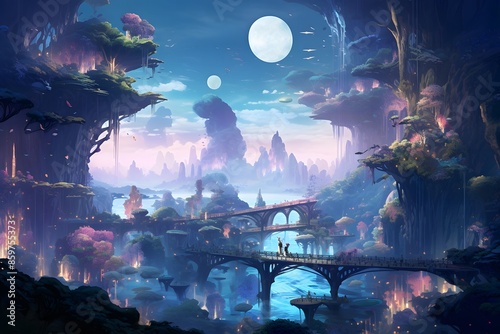 Fantasy landscape with river, bridge and moon. Digital painting. © Iman
