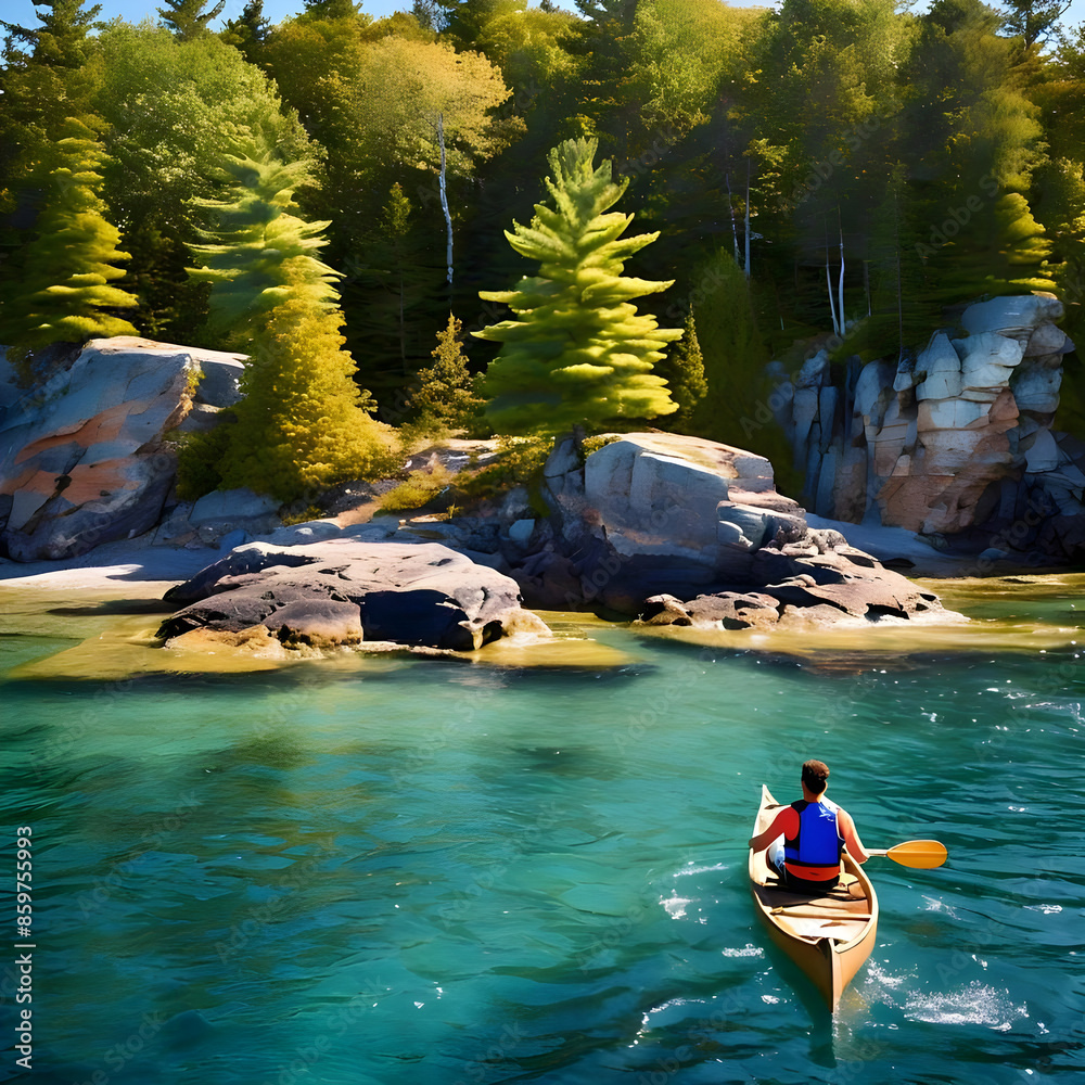Fototapeta premium Canoe vacation at great lakes of British Columbia Canada. Serene and picturesque canoeing adventure in the heart of stunning wilderness backdrop with rocky islands and crystal-clear waters.