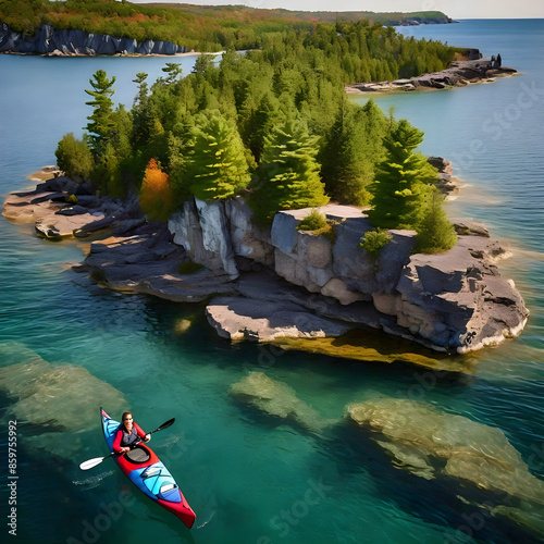 Canoe vacation at great lakes of British Columbia Canada. Serene and picturesque canoeing adventure in the heart of stunning wilderness backdrop with rocky islands and crystal-clear waters. photo