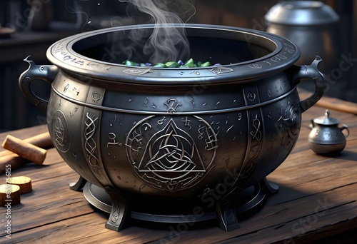 Cauldron mystical image with witchcraft tool and magic symbols. Its iron sides etched with sigils ready to brew magic potions. photo