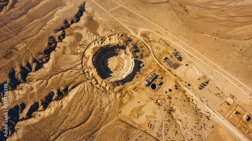 Aerial view of large desert mine with surrounding roads photo