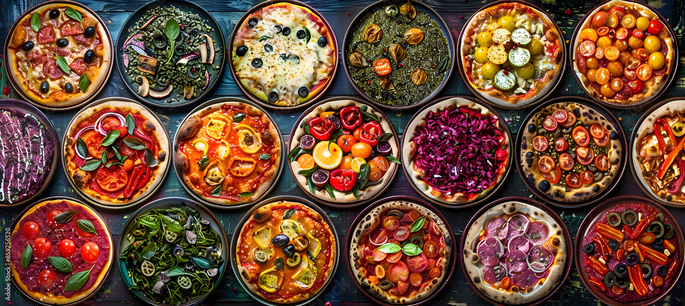 A variety of vegan pizzas with different toppings, captured with vibrant colors and detailed textures