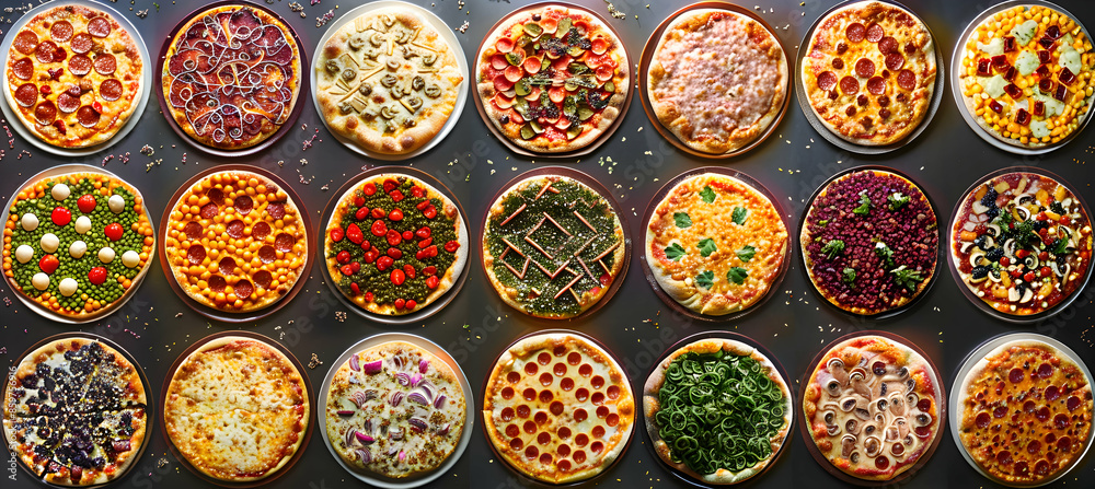 A variety of veggie pizzas with different toppings, captured with vibrant colors and detailed textures A variety of veggie pizzas with different toppings, captured with vibrant colors and detailed textures