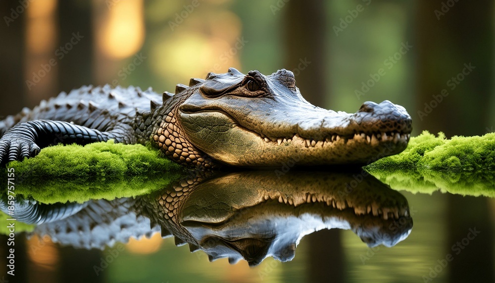Obraz premium an alligator resting in some water with moss growing around it and reflections of the surrou