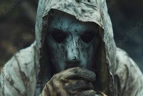 An image depicting a person wearing a hood and rugged clothing in an outdoor setting, suggesting themes of survival, adventure, and resilience in a harsh environment. photo