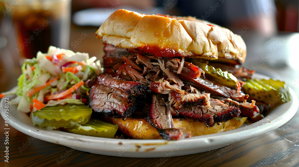 A vibrant brisket sandwich platter with a side of pickles and coleslaw