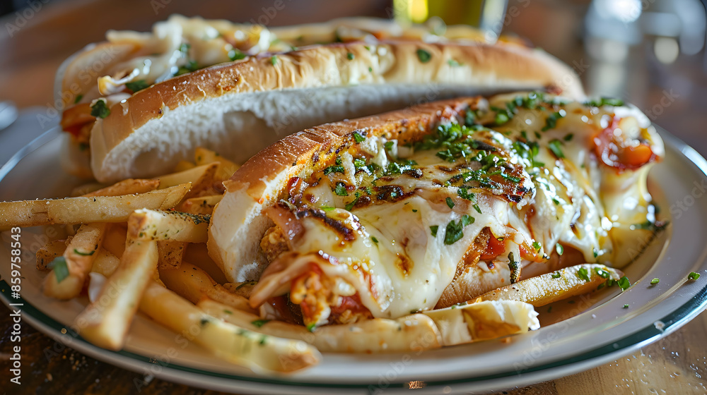 A vibrant chicken parm sub platter with a side of fries A vibrant chicken parm sub platter with a side of fries