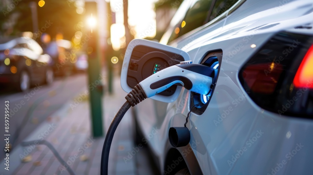Plugged-in white electric car charging on sunny street Plugged-in white electric car charging on sunny street