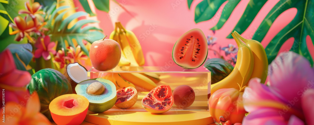 A lively fruit-themed podium scene with a transparent podium surrounded by tropical fruits like bananas, papayas, and coconuts. The backdrop includes tropical flowers and vibrant, colorful hues.