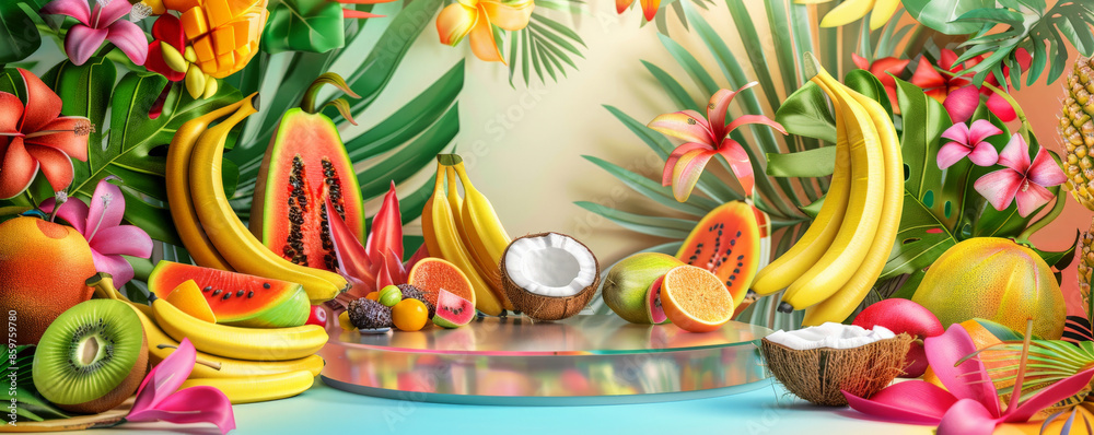 A lively fruit-themed podium scene with a transparent podium surrounded by tropical fruits like bananas, papayas, and coconuts. The backdrop includes tropical flowers and vibrant, colorful hues. A lively fruit-themed podium scene with a transparent podium surrounded by tropical fruits like bananas, papayas, and coconuts. The backdrop includes tropical flowers and vibrant, colorful hues.