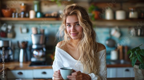 Blond Woman with a Cup of Coffee in the Kitchen