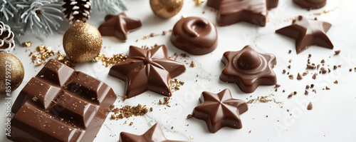 A festive chocolate-themed scene with an array of holiday chocolate shapes arranged on a white marble surface with a sprinkling of gold dust and festive decorations.