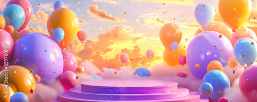 A playful podium balloon scene with a podium decorated with giant, multicolored balloons, surrounded by floating balloon clouds and stars. The background features a sunset sky with hues of orange,
