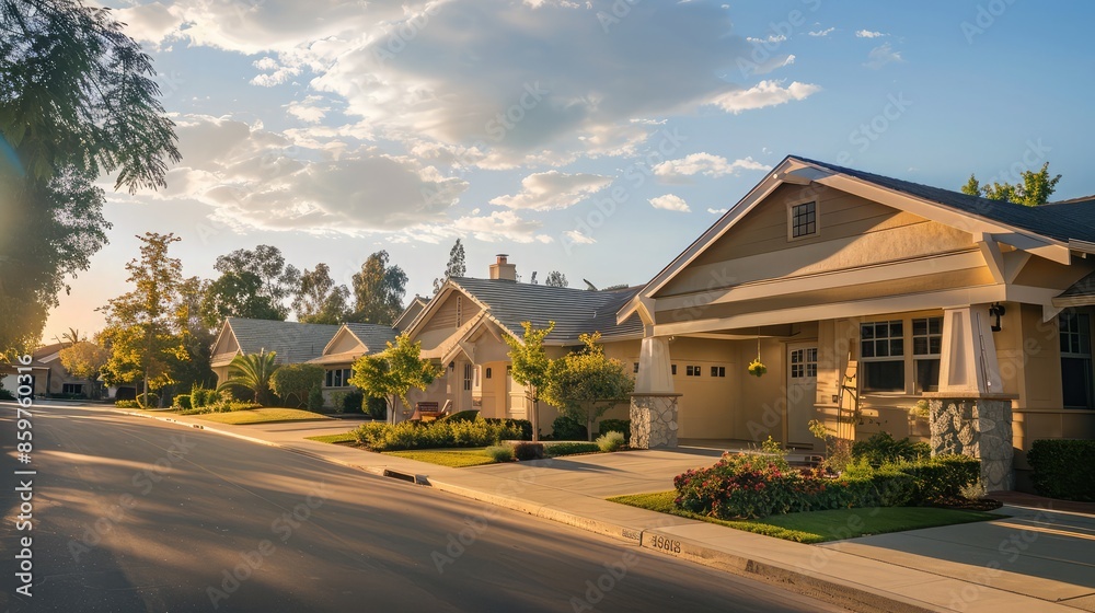 A tranquil early morning scene with a sandy beige Craftsman style house under the soft light of dawn, A tranquil early morning scene with a sandy beige Craftsman style house under the soft light of dawn,