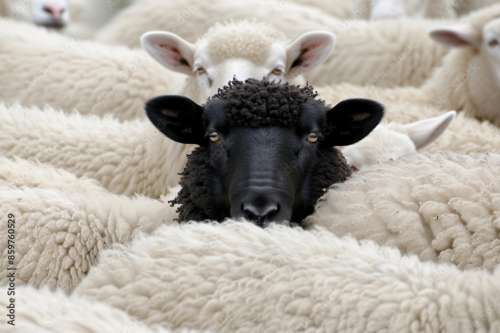 Obraz premium A single black sheep looks out from a crowd of white sheep