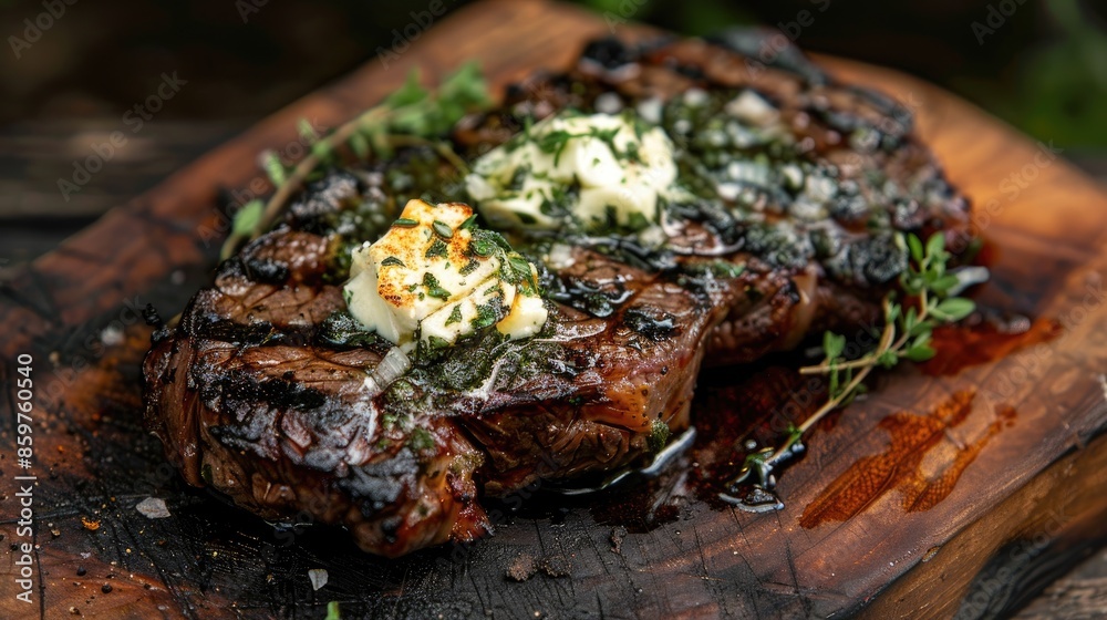 Dry aged Angus roast beef steak with herb butter and oregano on a charred cutting board Dry aged Angus roast beef steak with herb butter and oregano on a charred cutting board