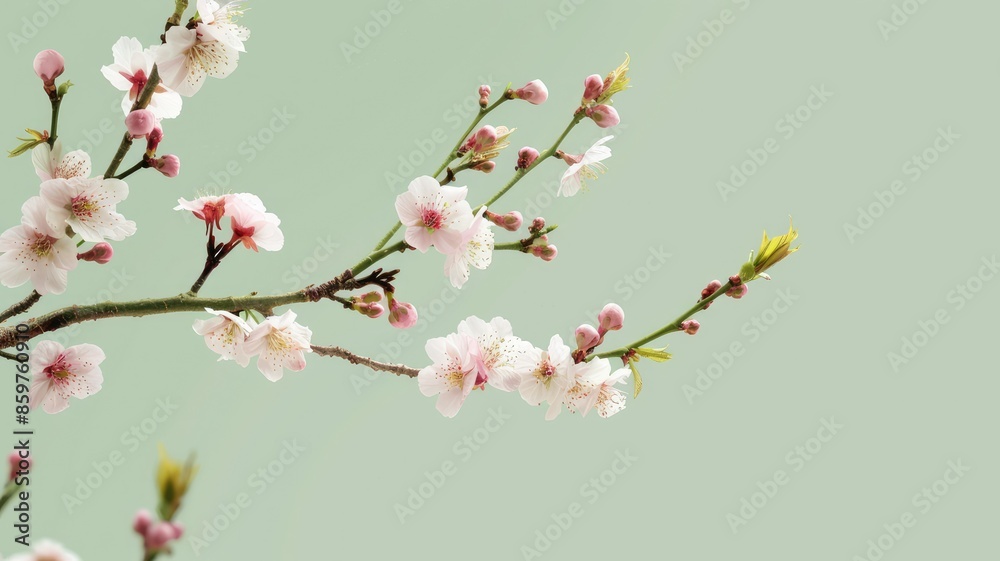 Close-up of cherry blossom branches with pink and white flowers against pale green background Close-up of cherry blossom branches with pink and white flowers against pale green background