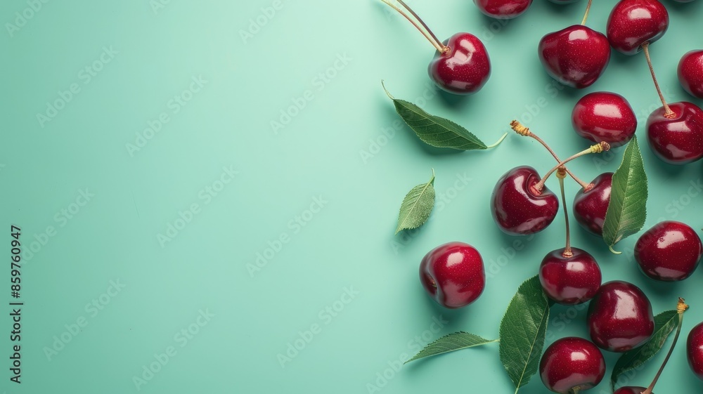 Fresh red cherries and green leaves on vibrant teal background Fresh red cherries and green leaves on vibrant teal background