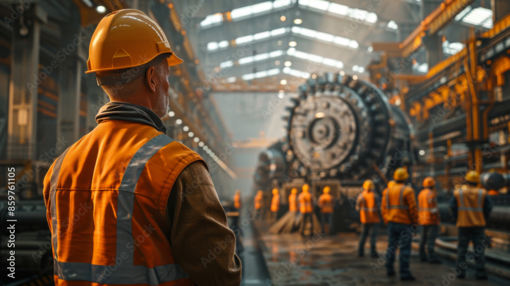 A factory worker in safety gear observes large industrial machinery in a spacious factory setting, highlighting industrial work. A factory worker in safety gear observes large industrial machinery in a spacious factory setting, highlighting industrial work.