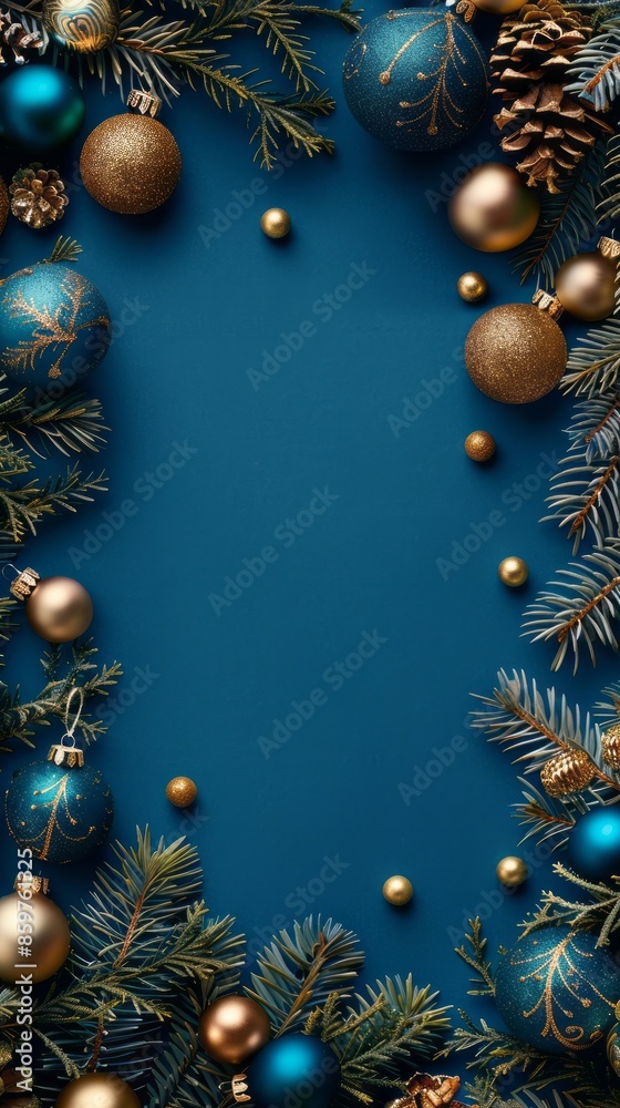 Wide arch shaped Christmas border on blue background, composed of Xmas tree fir branches and ornaments in golden and blue. Flat lay, top view, overhead. Christmas banner mockup, postcard template Wide arch shaped Christmas border on blue background, composed of Xmas tree fir branches and ornaments in golden and blue. Flat lay, top view, overhead. Christmas banner mockup, postcard template