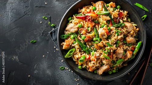 Chinese style stir fried rice with pork and asparagus