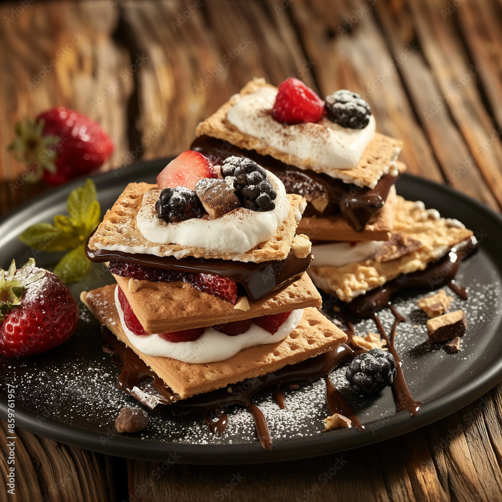 A plate of gourmet s'mores with dark chocolate and fruit, on a rustic wooden table A plate of gourmet s'mores with dark chocolate and fruit, on a rustic wooden table