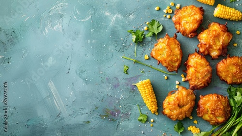 Corn fritters with herbs and corn served on teal background