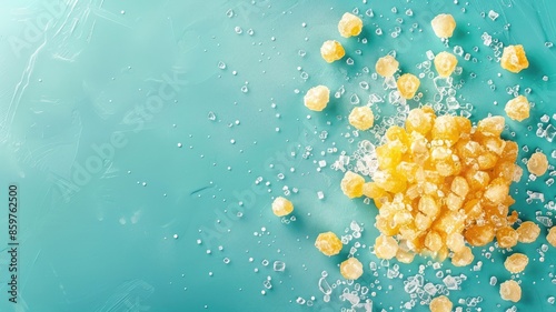 Candied ginger pieces and crystallized sugar on blue background photo