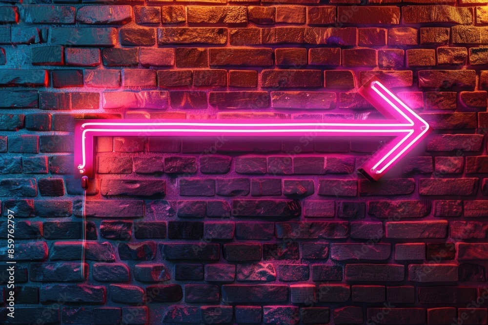 Arrow neon on brick wall. Realistic shining signboard. Glowing neon arrow pointer on brick wall background Arrow neon on brick wall. Realistic shining signboard. Glowing neon arrow pointer on brick wall background