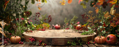 A rustic podium background with a wooden podium surrounded by autumnal fruits and herbs. The backdrop includes warm, earthy colors and natural textures.