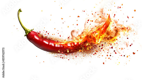 Red chili peppers with fire, design isolated on transparent background.
