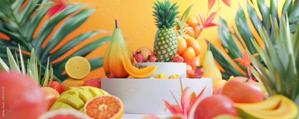 A vibrant fruit podium scene with a modern, white podium surrounded by tropical fruits like pineapples and mangoes. The backdrop features bright colors and tropical leaves. A vibrant fruit podium scene with a modern, white podium surrounded by tropical fruits like pineapples and mangoes. The backdrop features bright colors and tropical leaves.