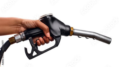 A person's hand holds a fuel nozzle on a transparent background.