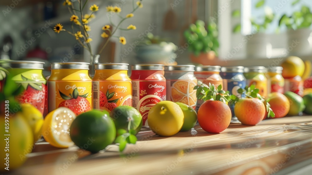 An assortment of canned fruits and fresh produce displayed on a wooden table, showcasing colorful and healthy food options. An assortment of canned fruits and fresh produce displayed on a wooden table, showcasing colorful and healthy food options.