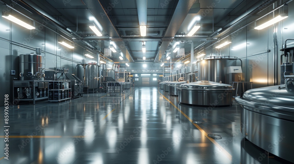 A spacious, state-of-the-art industrial food processing facility with stainless steel equipment and bright overhead lighting, showcasing a clean and efficient production environment. A spacious, state-of-the-art industrial food processing facility with stainless steel equipment and bright overhead lighting, showcasing a clean and efficient production environment.